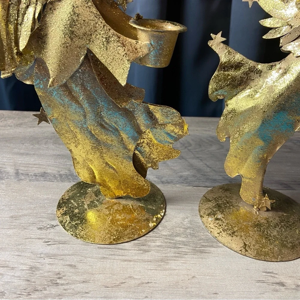 Pair of Vintage‎ Gold Metal Angel Figurines Candle Holders